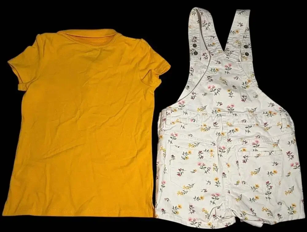Girls 5T- 2pc Outfit Set: Yellow Polo Shirt&Floral Shortalls Size 5T